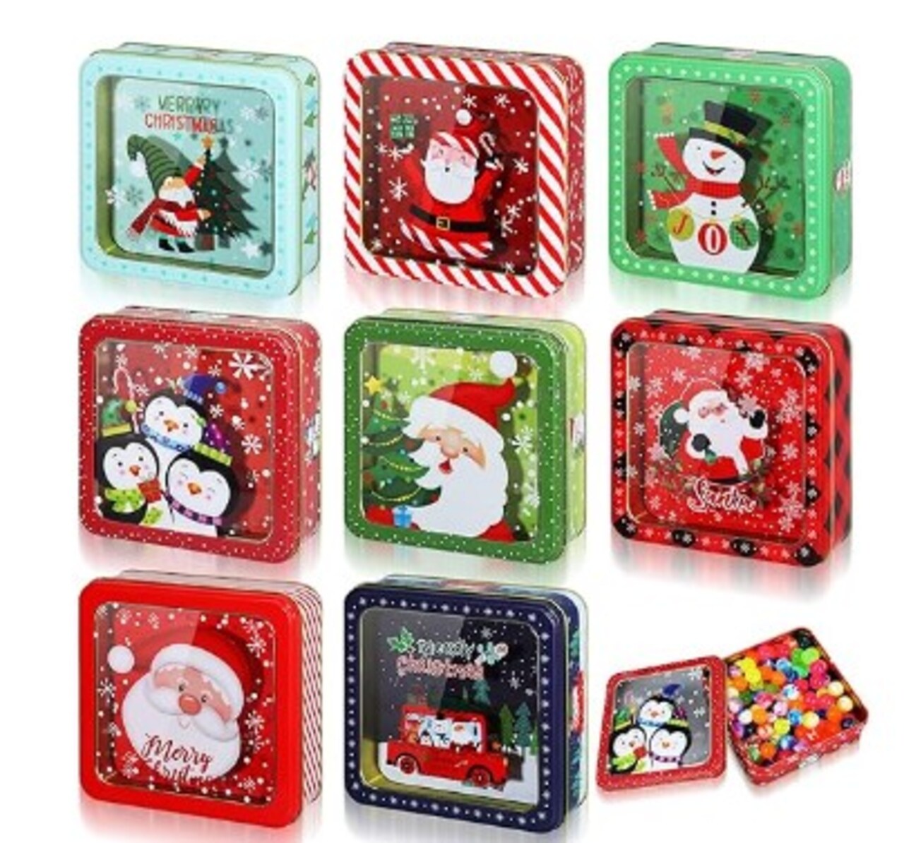 Christmas Cookie Tins with Lids (Set of 8) Metal Christmas Empty Tins Large Christmas Cookie Boxes Tinplate Santa Claus Christmas Gift Box for Holiday Candies Treats Cookie Storage Container